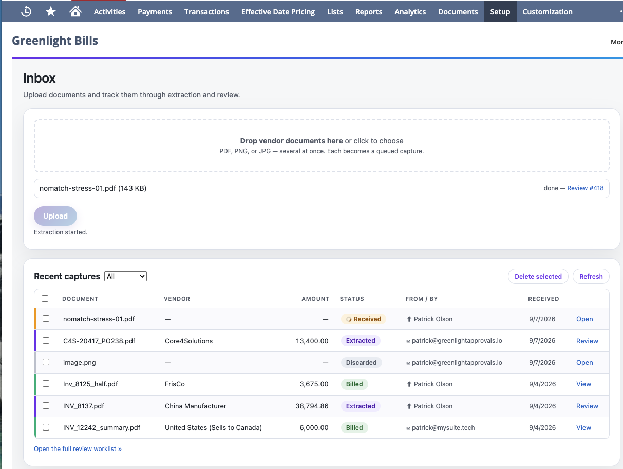 The Greenlight Bills capture Inbox inside NetSuite, where incoming documents are queued for extraction and non-invoices can be discarded.