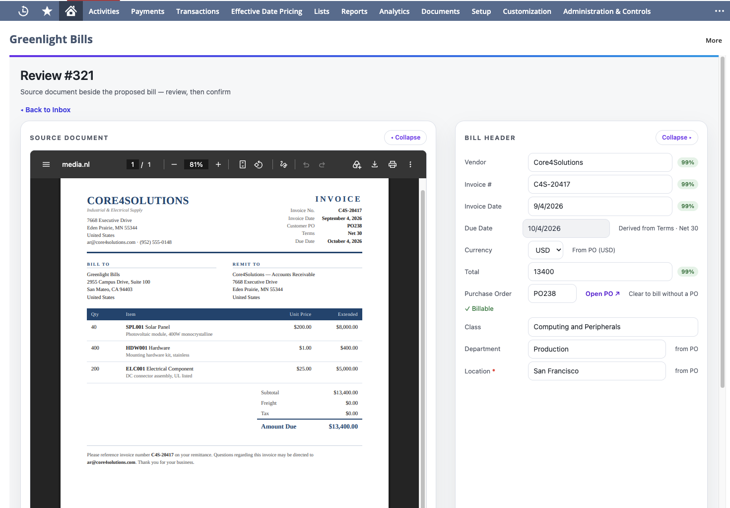 The Greenlight Bills review: the source invoice on the left and the extracted Vendor Bill fields, with confidence scores, on the right, all inside NetSuite.