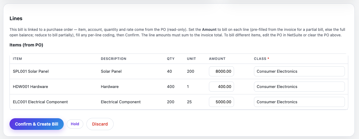 The PO-linked lines in Greenlight Bills, showing what is actually available to bill against the purchase order.